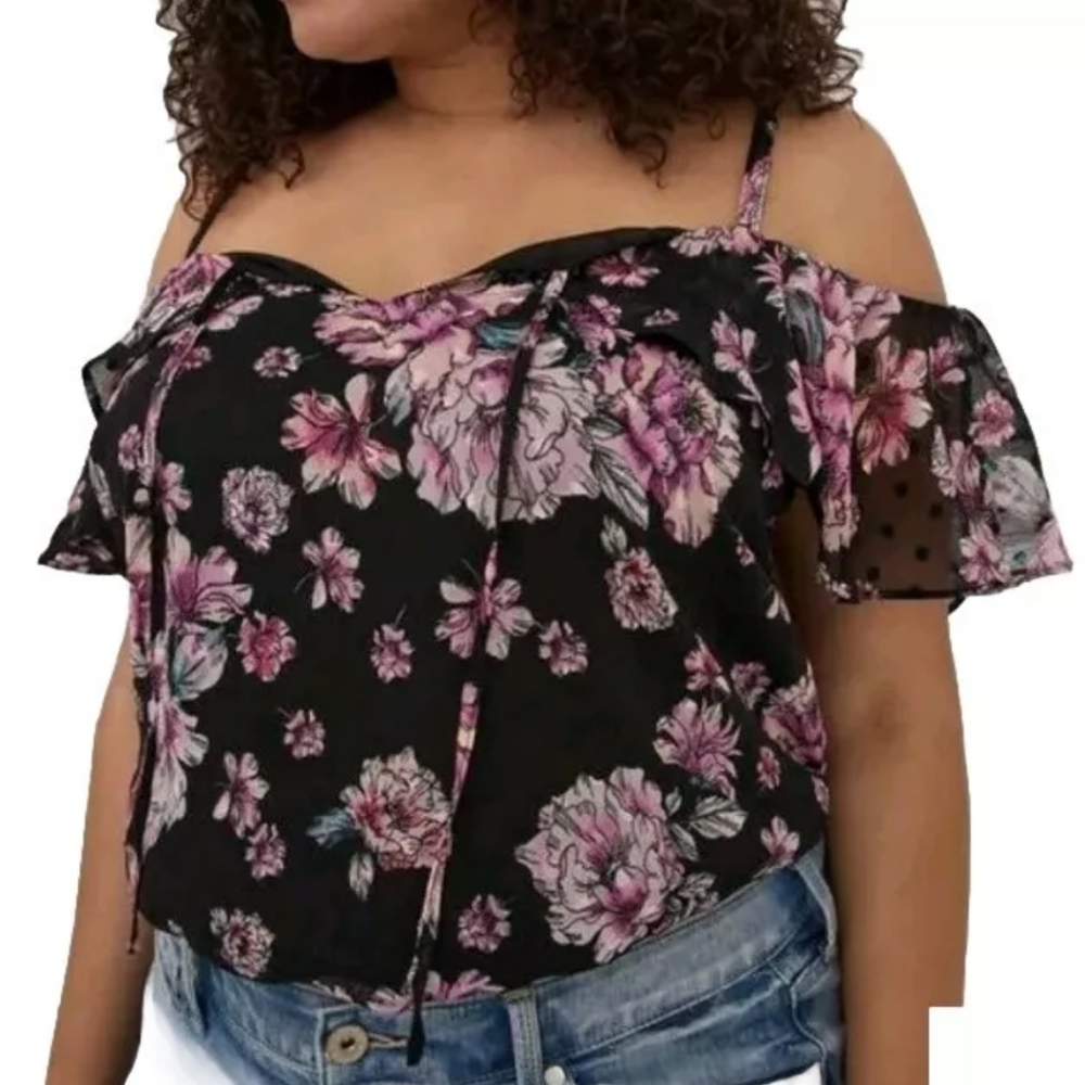 Torrid Blouse Woman Plus 4X Cottage Cold Shoulder Top Clip Dot Black Floral Boho